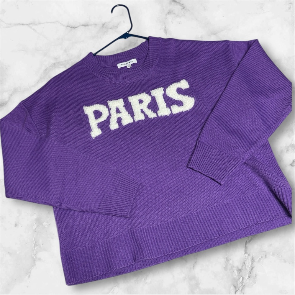 Hooked Up Purple knit Sweater with White 'PARIS' fuzzy logo size XL NWT